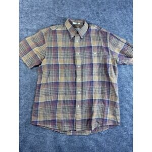 Orvis Men's Brown Blue Plaid 100% Linen Short Sleeve Button-Down Shirt L